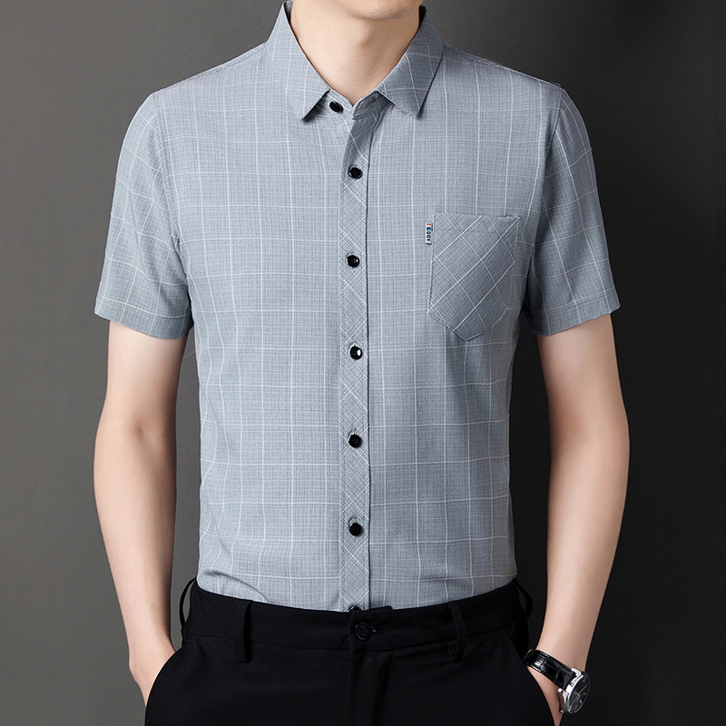 Cotton and linen short-sleeved shirt for men, summer business casual, checkered printed one-inch thin, true pocket middle-aged shirt for men Specification image