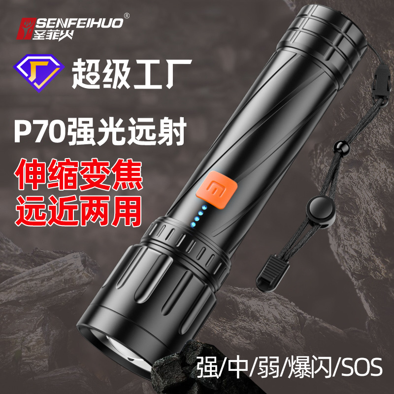 新款LED强光手电筒批发 Type-c充电P70变焦应急多功能户外手电筒图