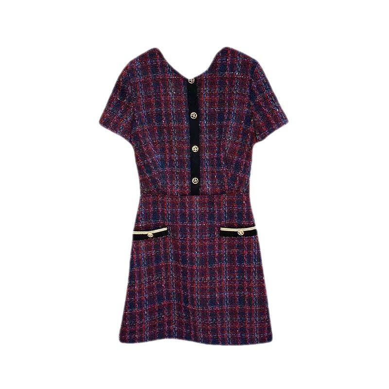 A small chanel-style round-neck tweed fitted short-sleeved dress for women Item Picture