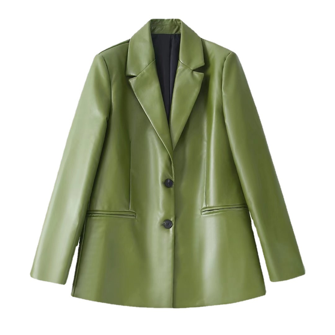 The new solid-color, fashionable, loose and versatile faux leather women's trendy leather suit jacket with a European and American style in spring and autumn is trendy Item Picture