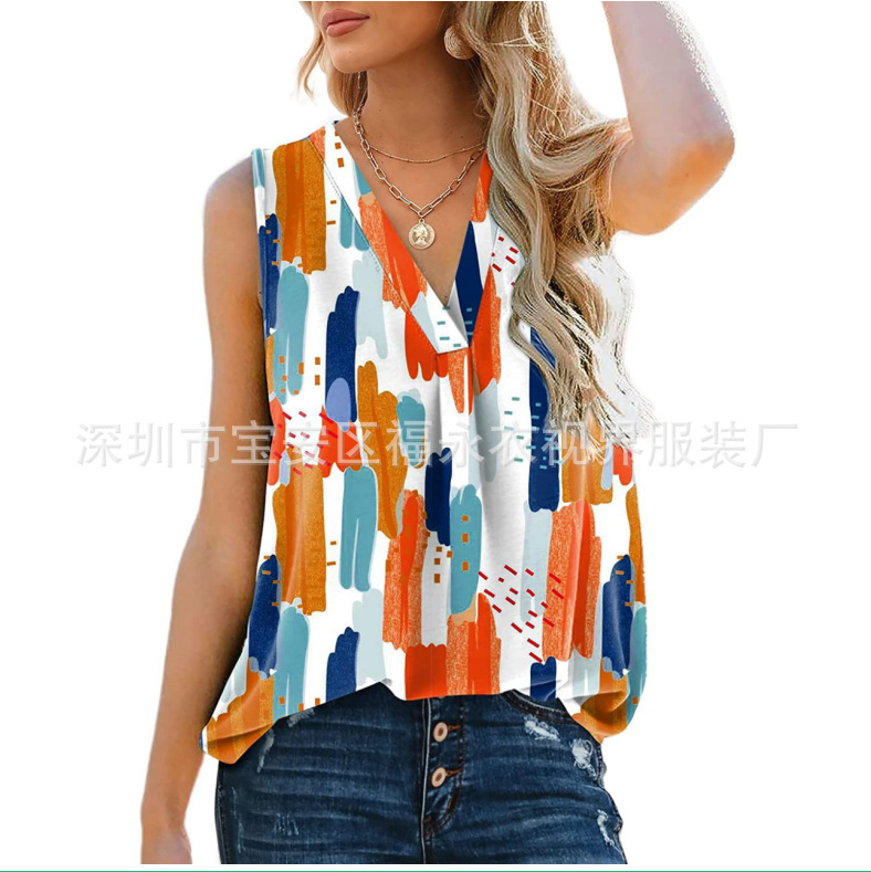 wish amazon 2023 europa y Estados Unidos verano mujer cuello V gasa chaleco pequeño sin mangas plisado blusa estampada top Application Scenario