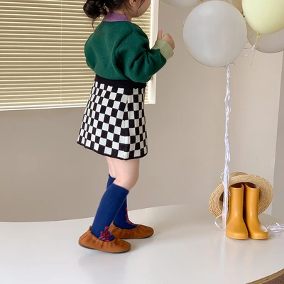 Children's Pants 2022 Autumn New Korean Version Of Girls Plaid Half Skirt Children Cute Knit Skirt