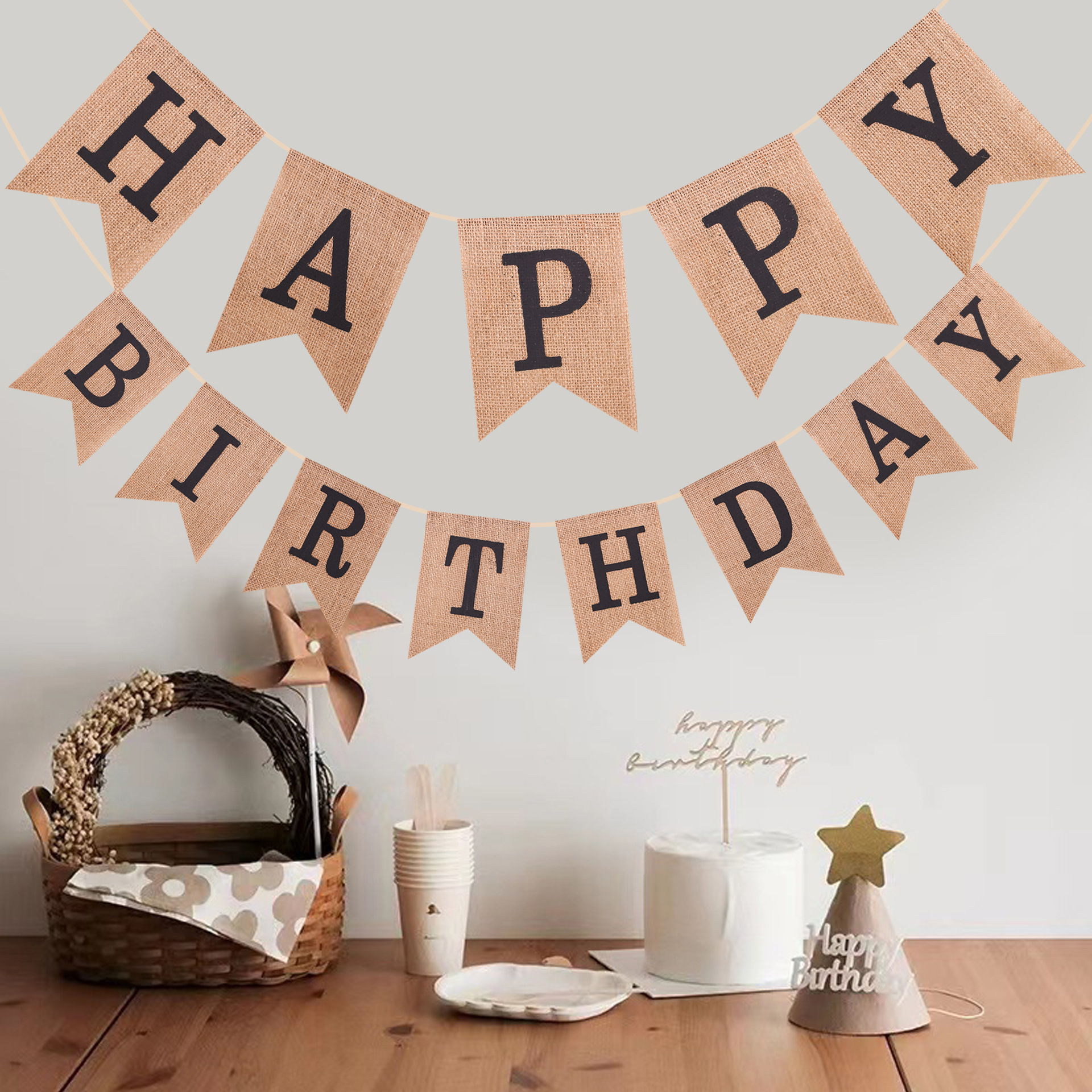 HAPPY BIRTHDAY linen swallowtail flag Birthday party decoration banner