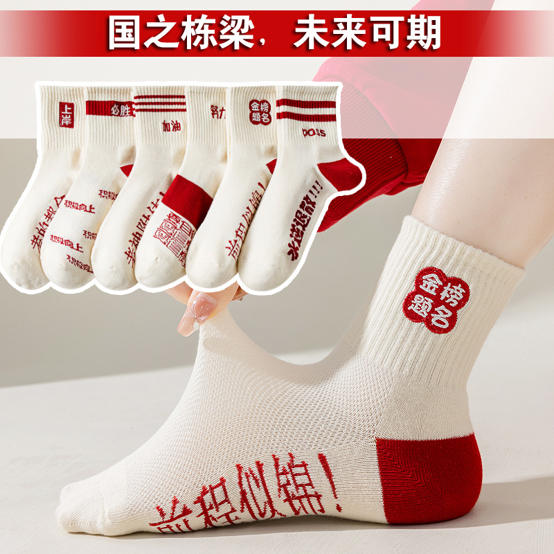 Exam Socks Cotton Every Exam Will Pass The College Entrance Examination Number One Socks Gold List Title Refueling Students Mesh Embroidery Exam Socks