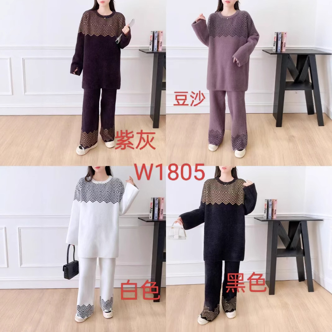 跨境外贸订单款秋冬时尚大码仿貂上衣加阔腿裤套装简约大气柔软