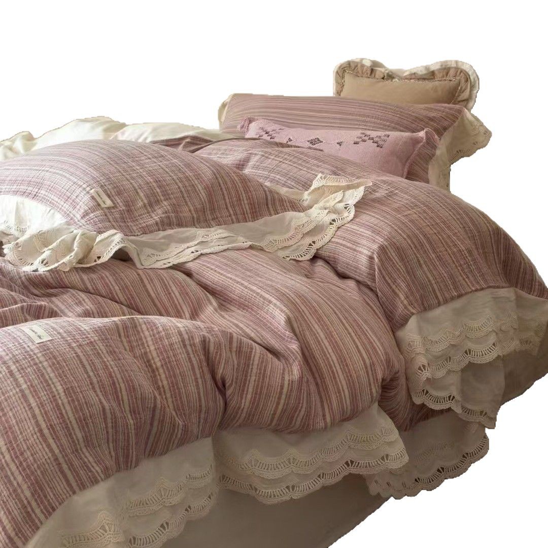 Double-layer yarn four-piece set, all-cotton colored woven texture jacquard pure cotton retro gauze quilt cover and bed sheet Item Picture