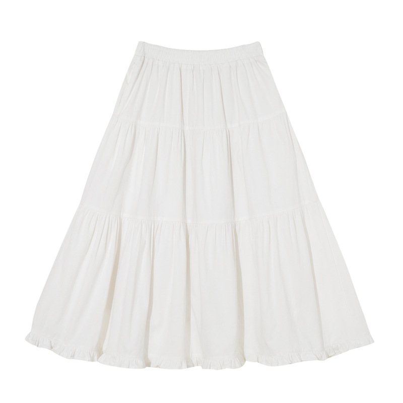 This is A new high-waisted mid-length skirt for women in summer, featuring a fresh and elegant Japanese style with a white A-line design