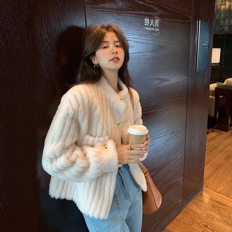 Wool fur coat women's short vertical bar new all wool small stand collar fur lamb young thumbnail