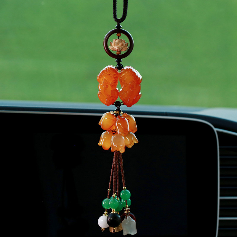Natural water grass agate double pixiu jade meditated car hanging men and women car rearview mirror interior car pendant hanging ornaments full figure