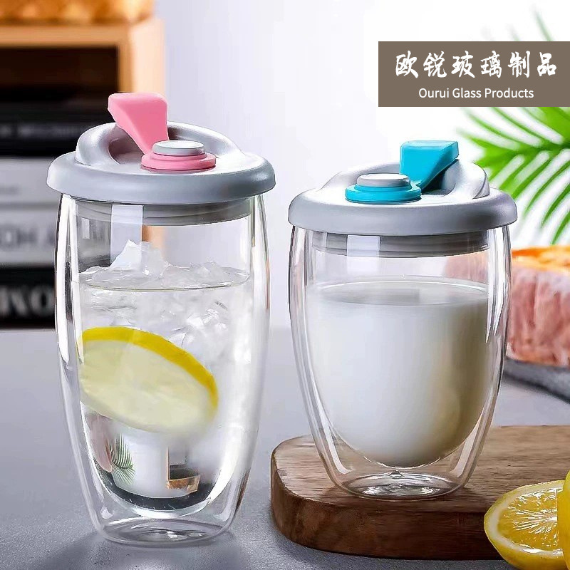 .. Double hand cup with cover clear glass egg cup Double milk coffee cup with cover glass juice drink cup