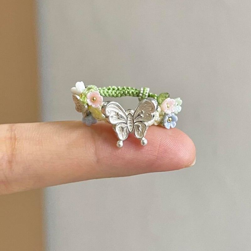 "Green Butterfly in the Rain" butterfly flower ring, exquisite ancient-style woven green rope, new Chinese-style index finger ring for women Specification image