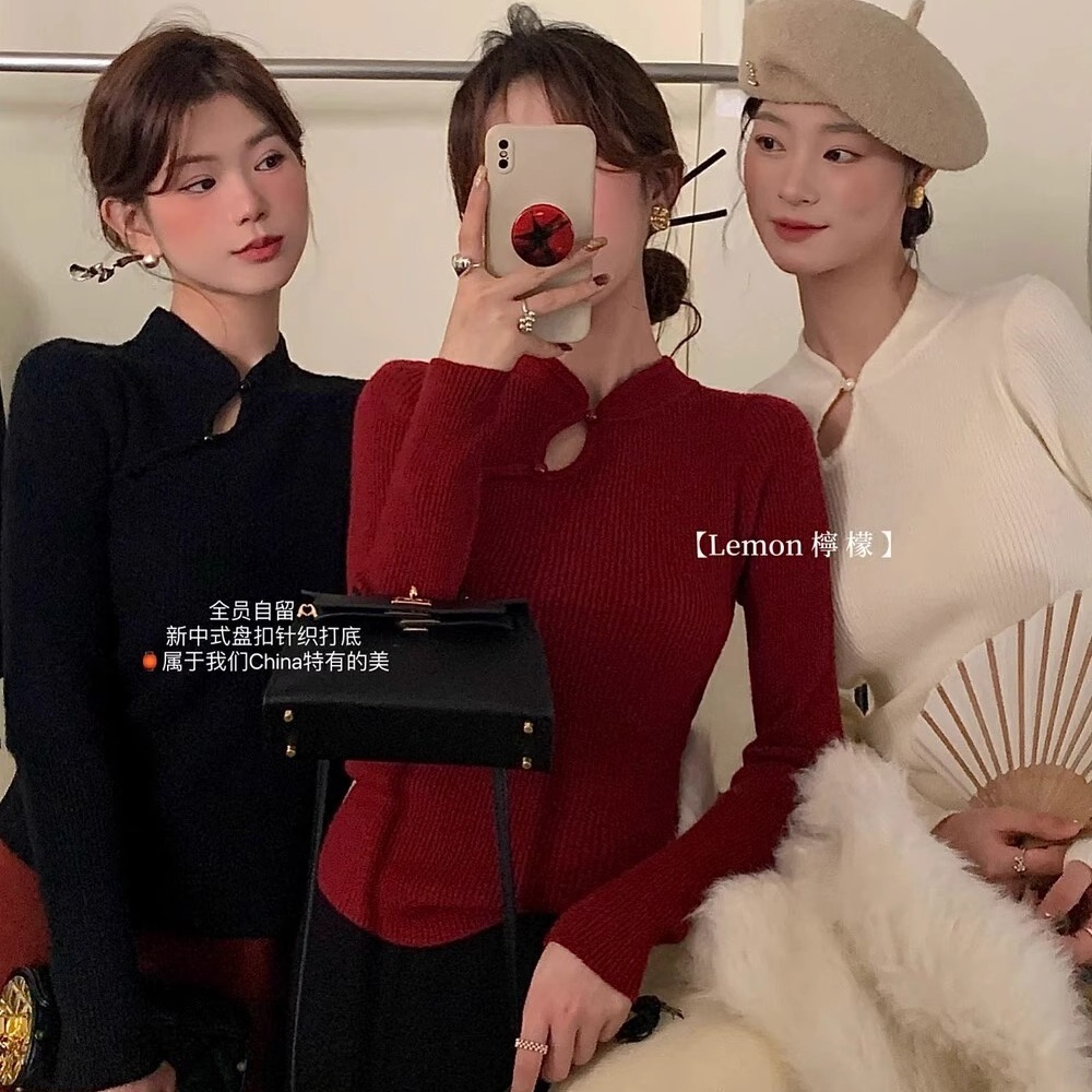 New Chinese Style Top Women's Winter High-Grade Feeling Disc Buckle Knitwear Spring And Autumn New Red Slim-Fit Bottom Sweater Woman
