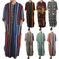 外贸春夏新款中东服饰长袖连体阿拉伯男装条纹印花穆斯林男士长袍