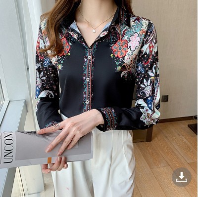 Retro positioning printed top 2021 autumn collection new satin long-sleeved shirt Application Scenario