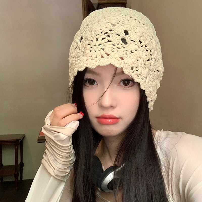 A collection of Japanese-style hand-woven headscarves, thin, hollowed-out woolen hats for women, and retro and artistic knitted hats details Picture