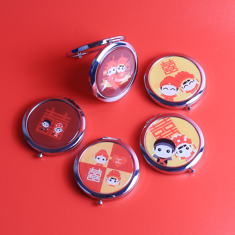 婚庆礼品圆形便携镜新郎新娘结婚随手礼批发化妆镜小镜子礼物刻字