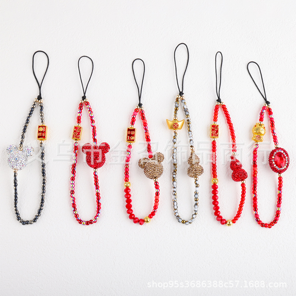 New Year's Chinese-style mobile phone chain, national trend red gourd gemstone rich lady mobile phone pendant, beaded wealth god pendant Item Picture