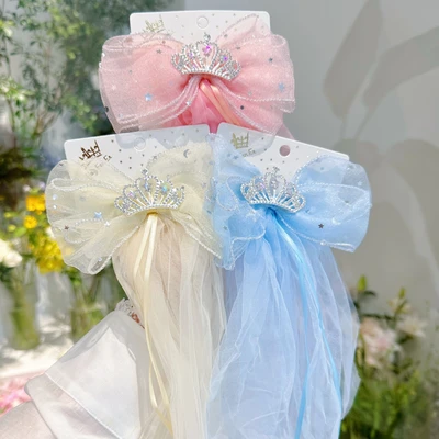 New Children's Hair Clip Sequin Small Crown Bow Drape Press Clip Delicate Girl Quality Princess Style Hair Accessories
