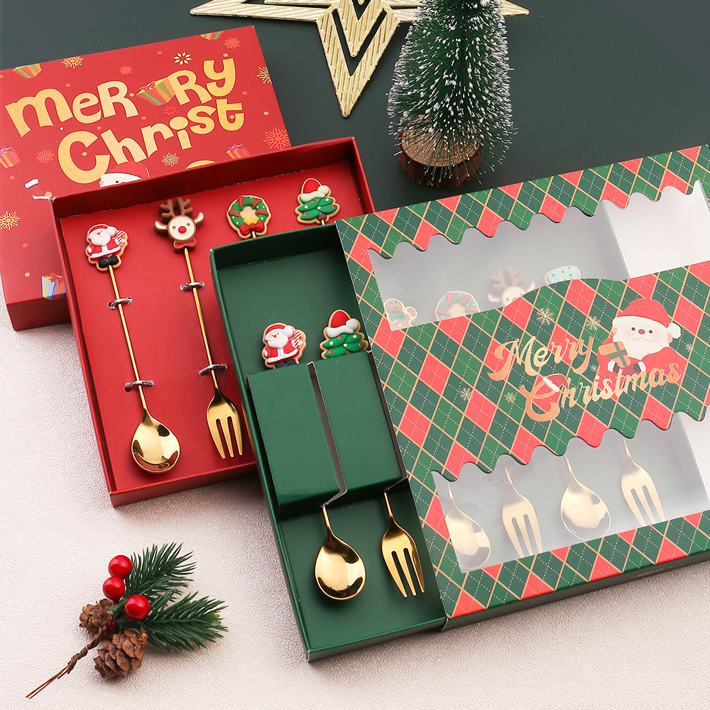Q Christmas Spoon and Tableware Set Snowman Reindeer Coffee Spoon Santa Claus Fruit Fork Doll Spoon and Fork Gift Specification image