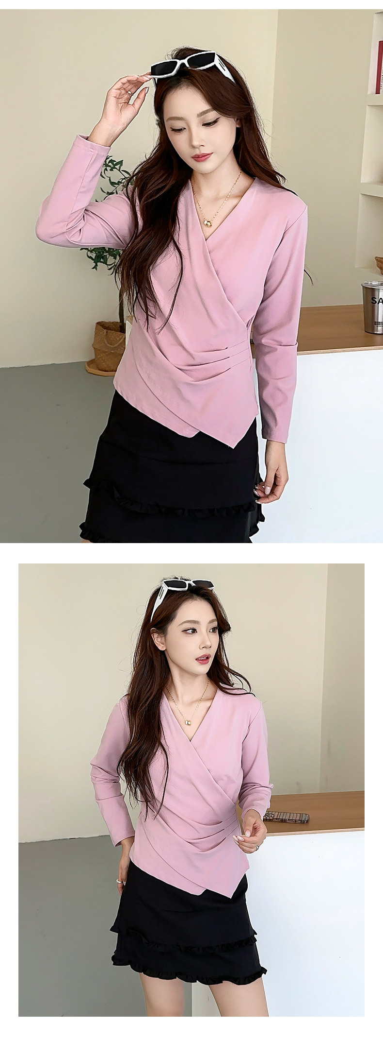 不规则V领打底衫修身显瘦内搭T恤衫时尚褶皱长袖上衣纯色女士打底详情14