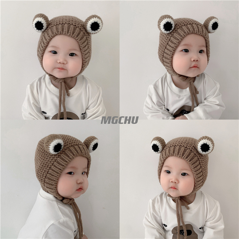 Baby Hat Autumn And Winter Plus Fleece Warm Woolen Hat Baby Frog Cute Super Cute Baby Ear Cap Children's Knitted Hat