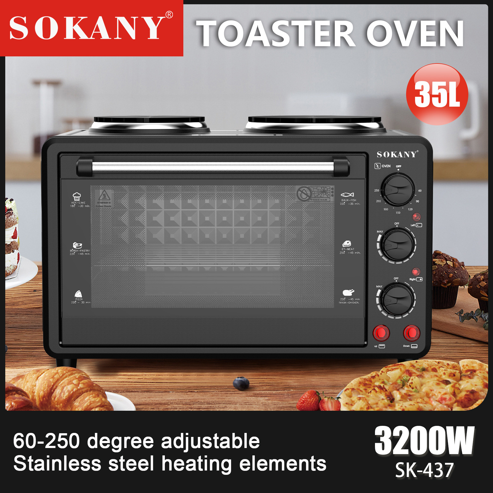 跨境Sokany437家用电烤箱35L大容量烤箱烘焙蛋挞多功能烤箱Oven详情图1