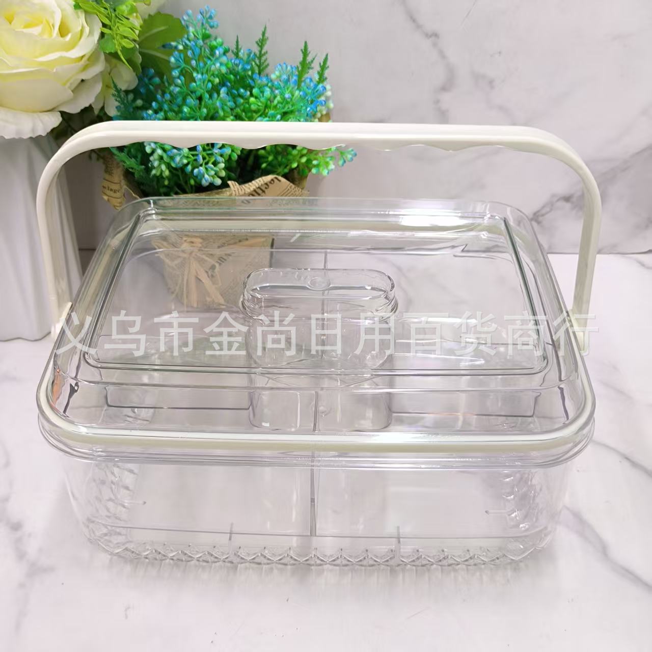Hand-held double-layer PET transparent snack fruit ice bucket preservation box, long four-compartment preservation box packaging, kraft paper box details Picture