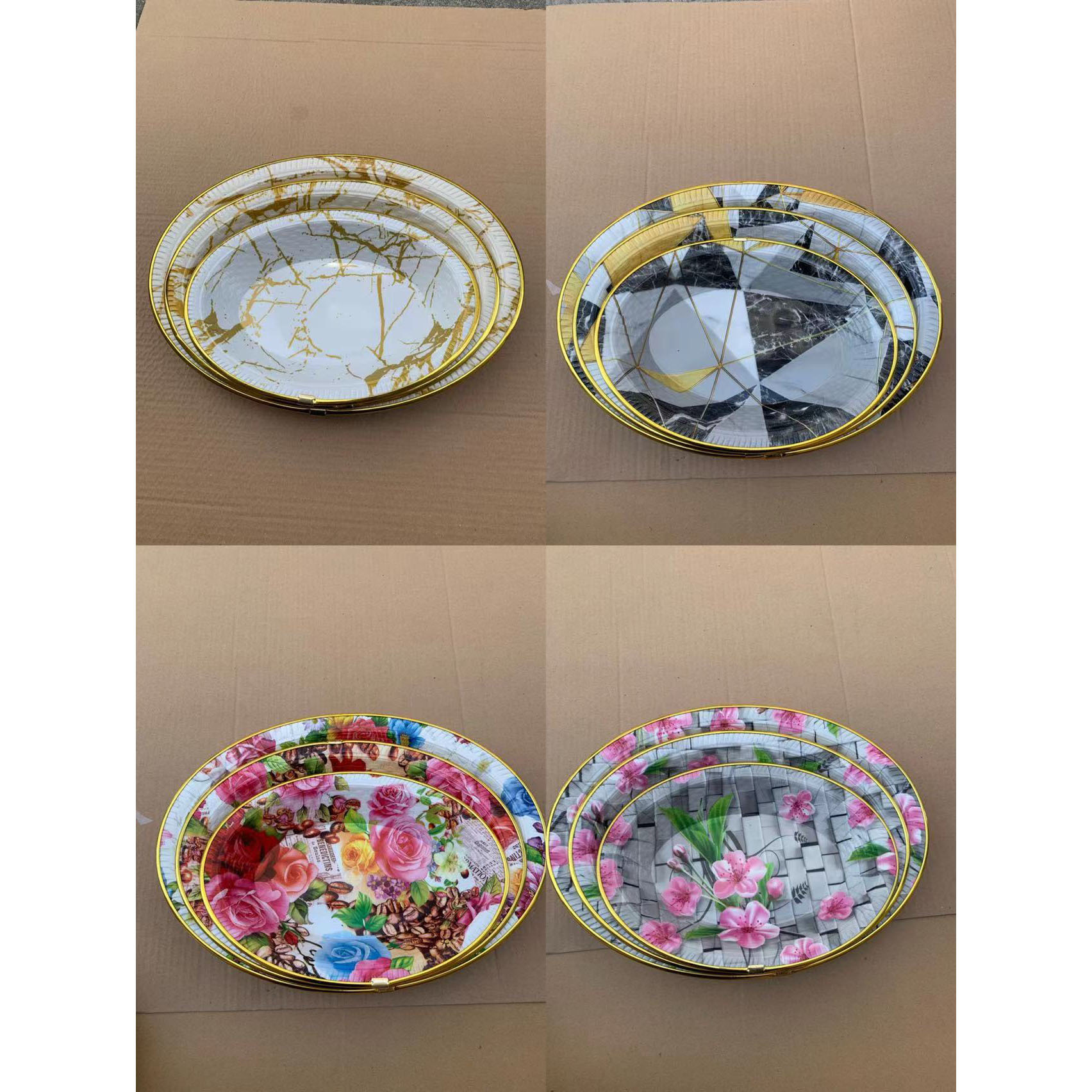 椭圆形水果盘/新款包金边花/多种图案果盘产品图