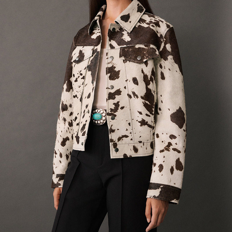 A new autumn/winter 2024 cross-border fashion denim jacket with contrasting colors and irregular patterns for street women