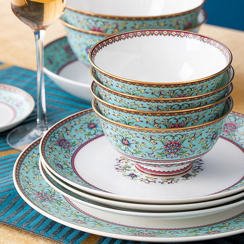 Dish Set Household Enamel Tableware Palace Chinese Peacock Blue Tableware Jingdezhen Bone China Bowl And Dish Set Item Picture