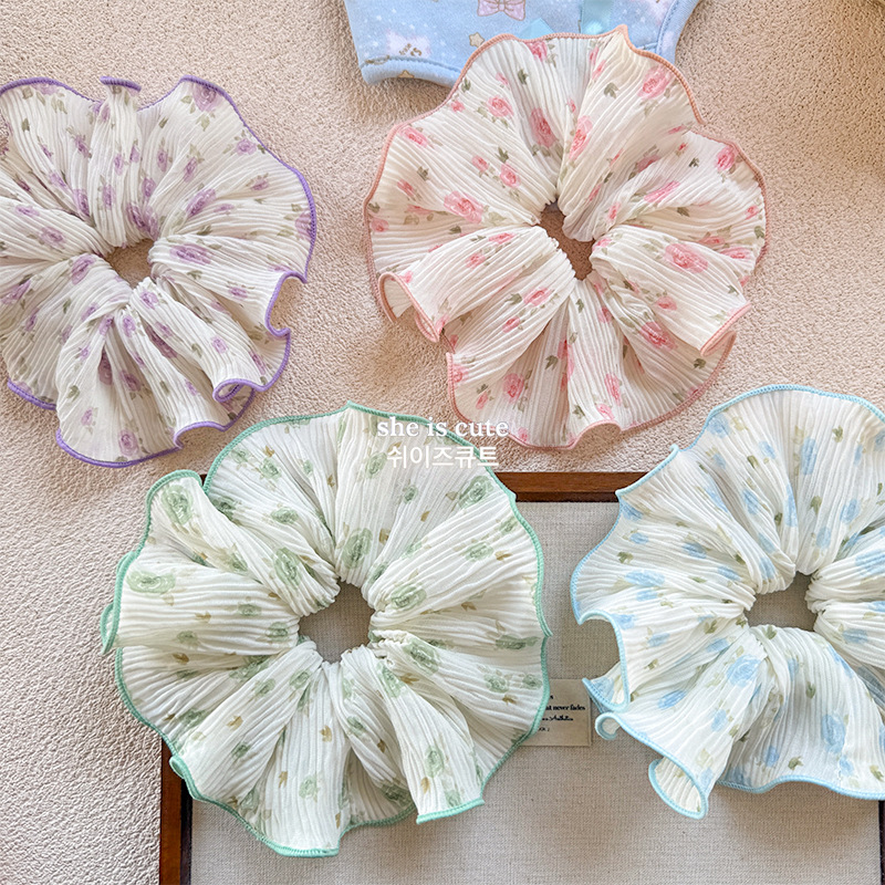Sweet and fresh floral large intestine hair band, Korean-style elegant ponytail hair tie, girls' high school elastic bun hair tie headwear details Picture