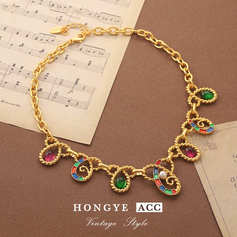 中古Vintage项链宫廷风彩色羽毛复古小众夸张高级感锁骨链女批发