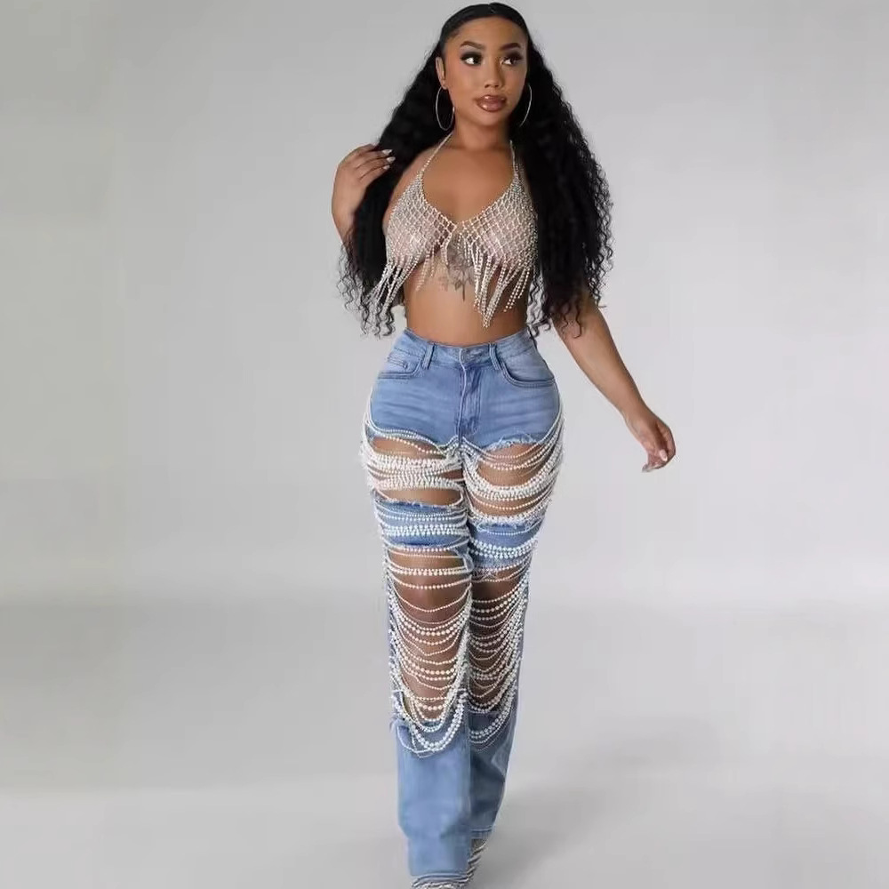 INS Amazon AliExpress Cross-border 2026 Ripped jeans, women's chain beaded pendant straight-leg pants Specification image