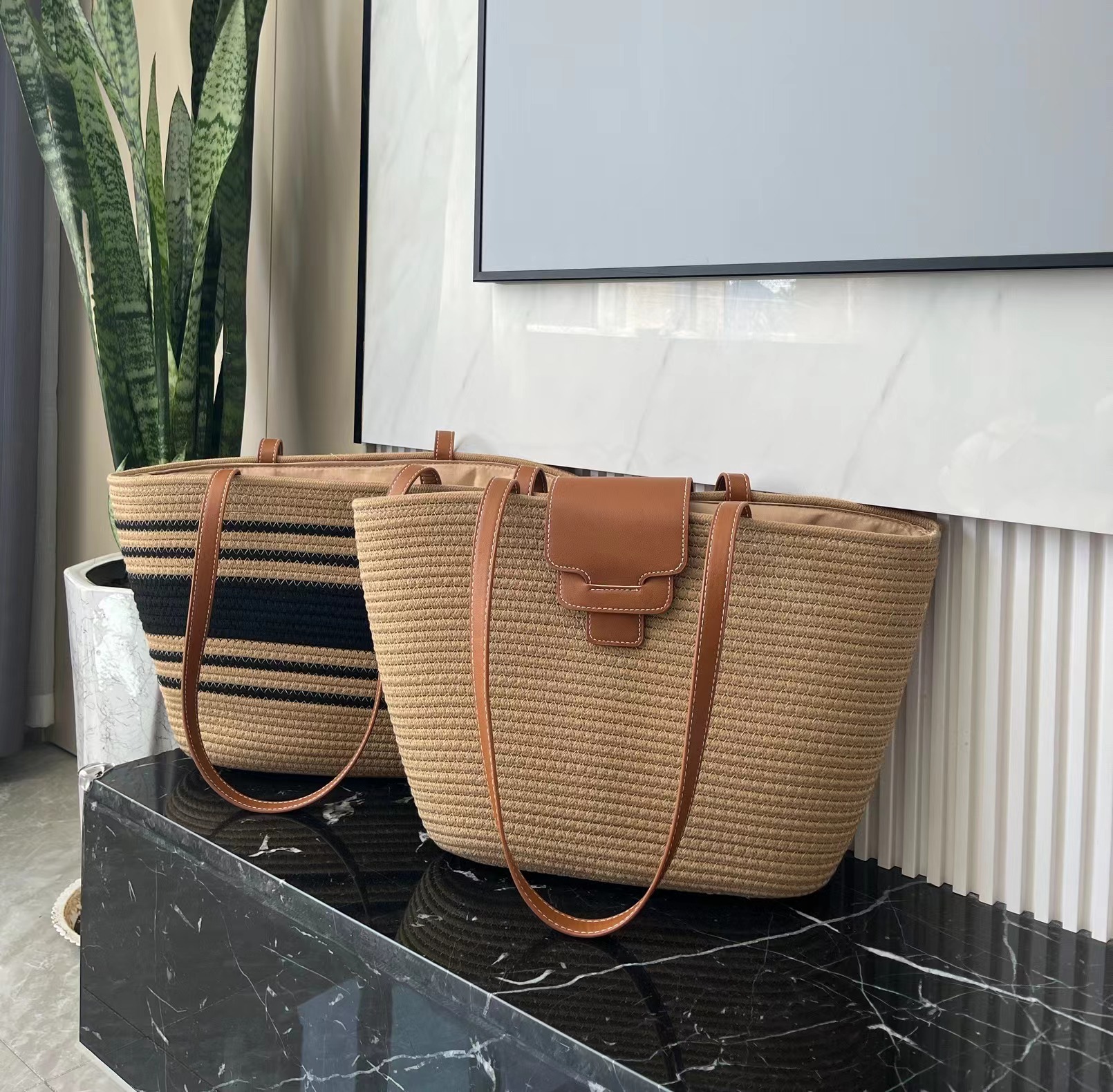 批发编织束口手提包复古休闲拼色手提夏季海边沙滩度假包女