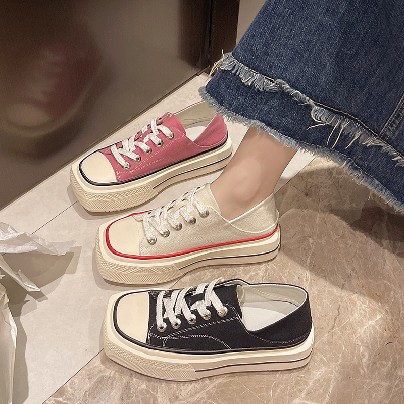 方头两穿帆布鞋女夏季新款女士厚底增高休闲板鞋透气百搭女鞋