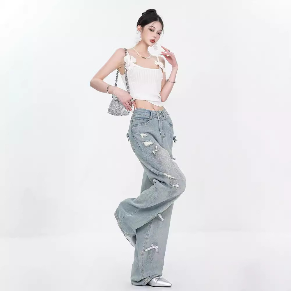 Large-sized retro three-dimensional bow ripped jeans for women with a summer design sense, high-waisted straight-leg loose wide-leg pants Specification image