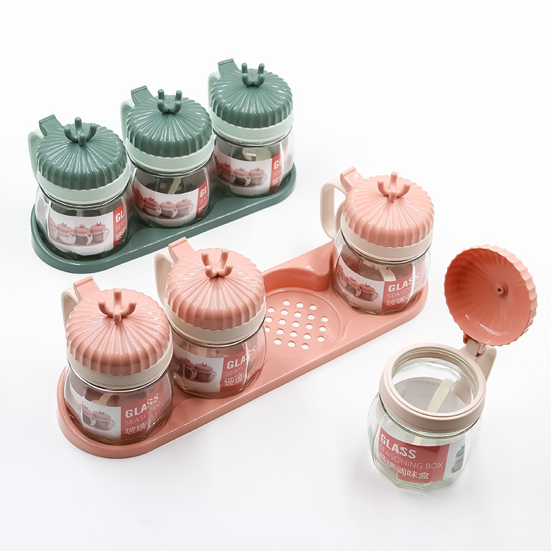 Two-color glass bottle daily necessities kitchen sorting seasoning box, glass round seasoning bottle full figure