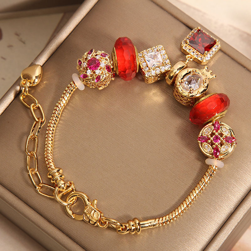 Nicho de la luz de lujo 14K oro rojo vidriado pulsera de perlas para las mujeres versión coreana cristal mano cadena regalo estudiante mejor amigo pulsera - 4