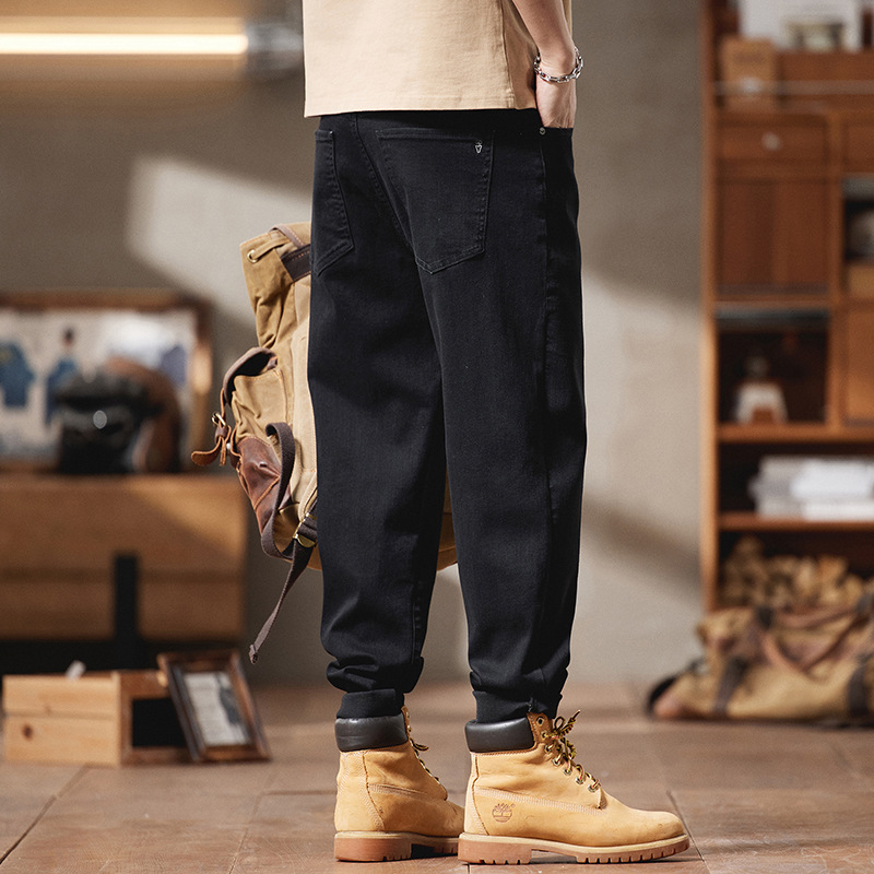 1080 Men's pluse-sized Spring/Summer new collection: Pure black mini curved jeans, men's loose, versatile and elastic casual pants Specification image