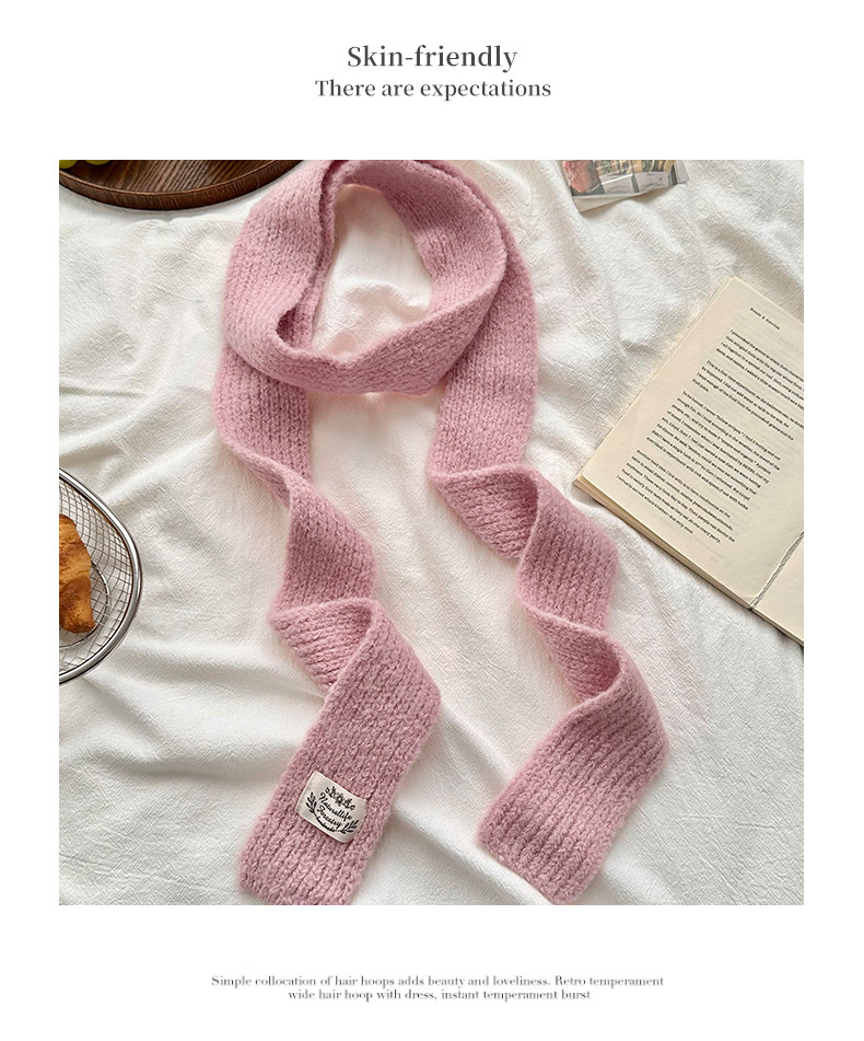 A new winter style of colorful narrow woolen scarf with small strips, a fashionable solid color warm knitted woolen scarf pic 8