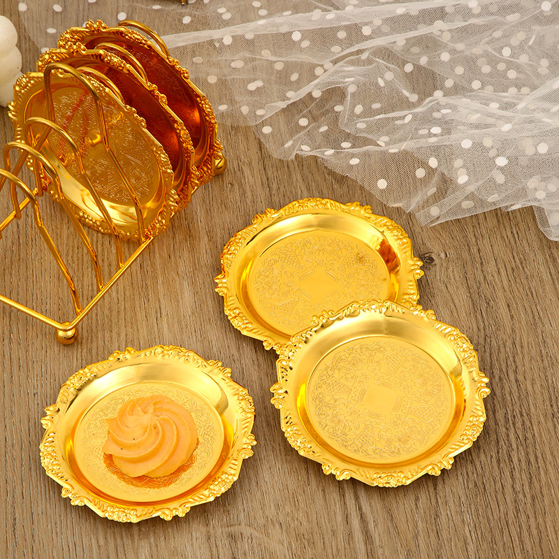 High-Grade Light Small Dish Set 6 Belt Rack European Iron Cake Fruit Tray Dry Fruit Snack Tray Pattern Coaster details Picture