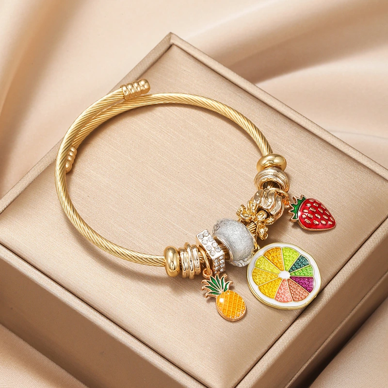 Oly Magic Bracelet 6785 Diy Stainless Steel Gold Bracelet Small Fresh Summer Fruit Pie Hand Ring Open Bracelet Jewelry Wholesale
