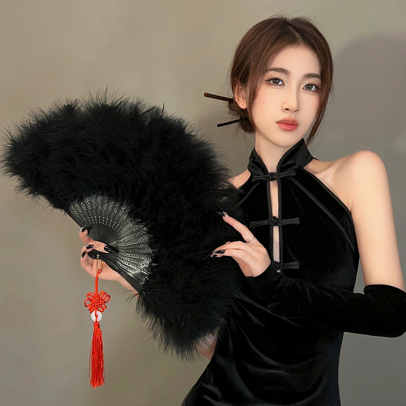 Feather Fan Antique Black Lace Female Cheongsam Catwalk Folding Fan Hanfu Fan Dance Fan Retro Chinese Halloween Style Specification drawing