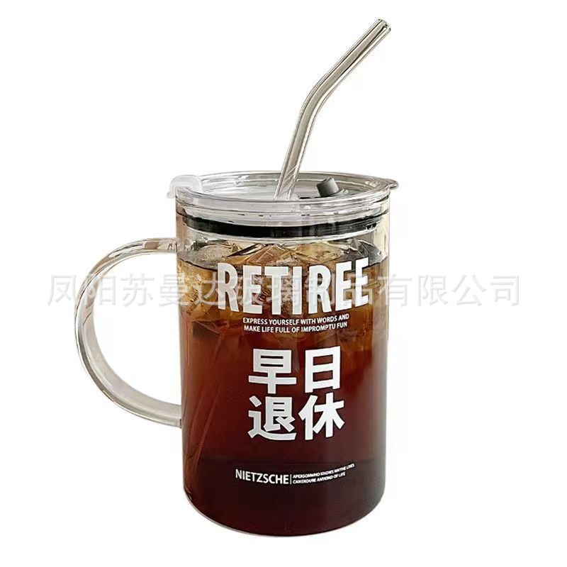 Straw glass cup, high appearance level for girls, office drinking cup, home ins style, large-capacity coffee cup with lid Item Picture