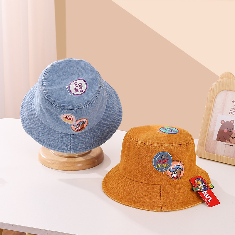 Children's sun hats, spring and summer fisherman hats, boys' and girls' outdoor denim soft windproof rope, 4-9 years old basin hats