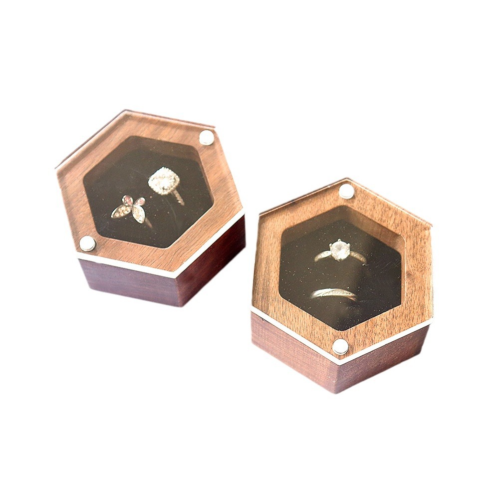 Acrylic glass cover magnetic black walnut wood couple ring box, engagement ring, diamond ring, transparent wooden packaging gift box, trendy for women Item Picture