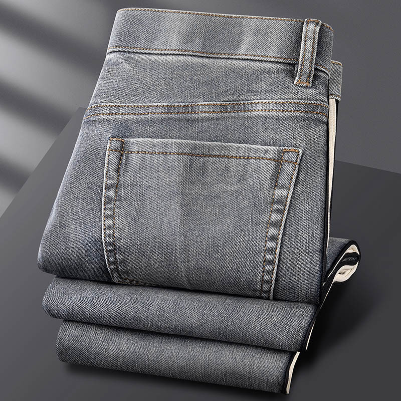 Men's autumn and winter slim-fit straight-leg patchwork webbing jeans, European style, soft washed, aged, slightly elastic casual pants for men