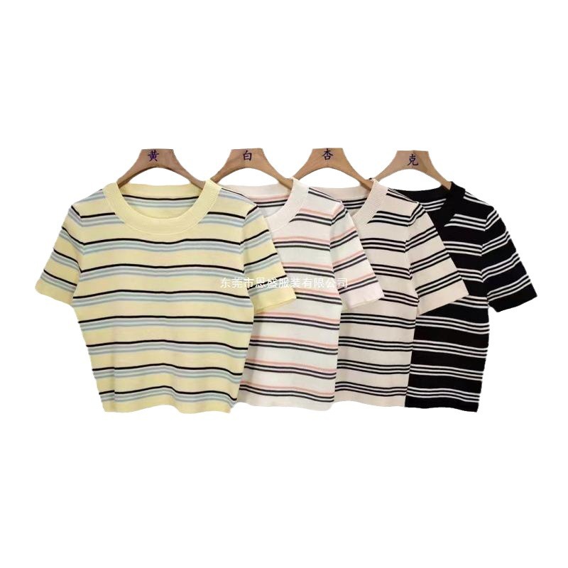 The new summer 2024 striped thin knitted short-sleeved T-shirt for women is fashionable and stylish. It is a short top and base layer for women Item Picture