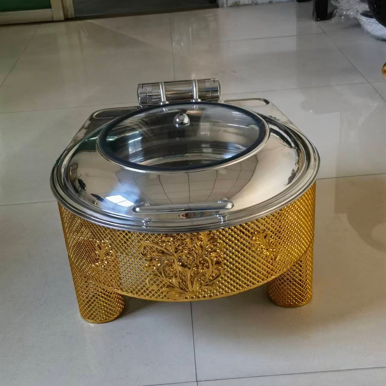 Cross-border golden stainless steel alcohol heating luxury Buffet stove, wedding banquet flip cover commercial alcohol stove, buffet stove details Picture