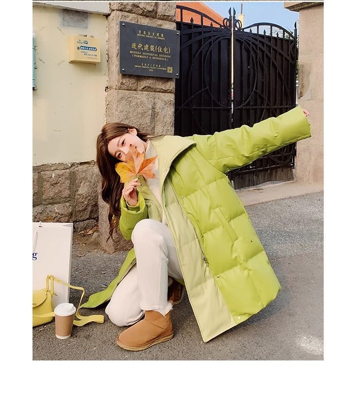 Aguacate verde pato blanco abajo PU piel abajo chaqueta para mujeres estilo mediano largo diseño de nicho sentido influencers estilo explosivo abrigo sin lavado pic 24